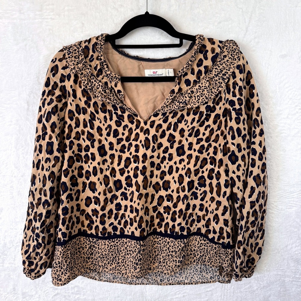 Vineyard Vines Leopard Print Ruffle Neck Long Sleeve Blouse Top Womens SZ‎ S